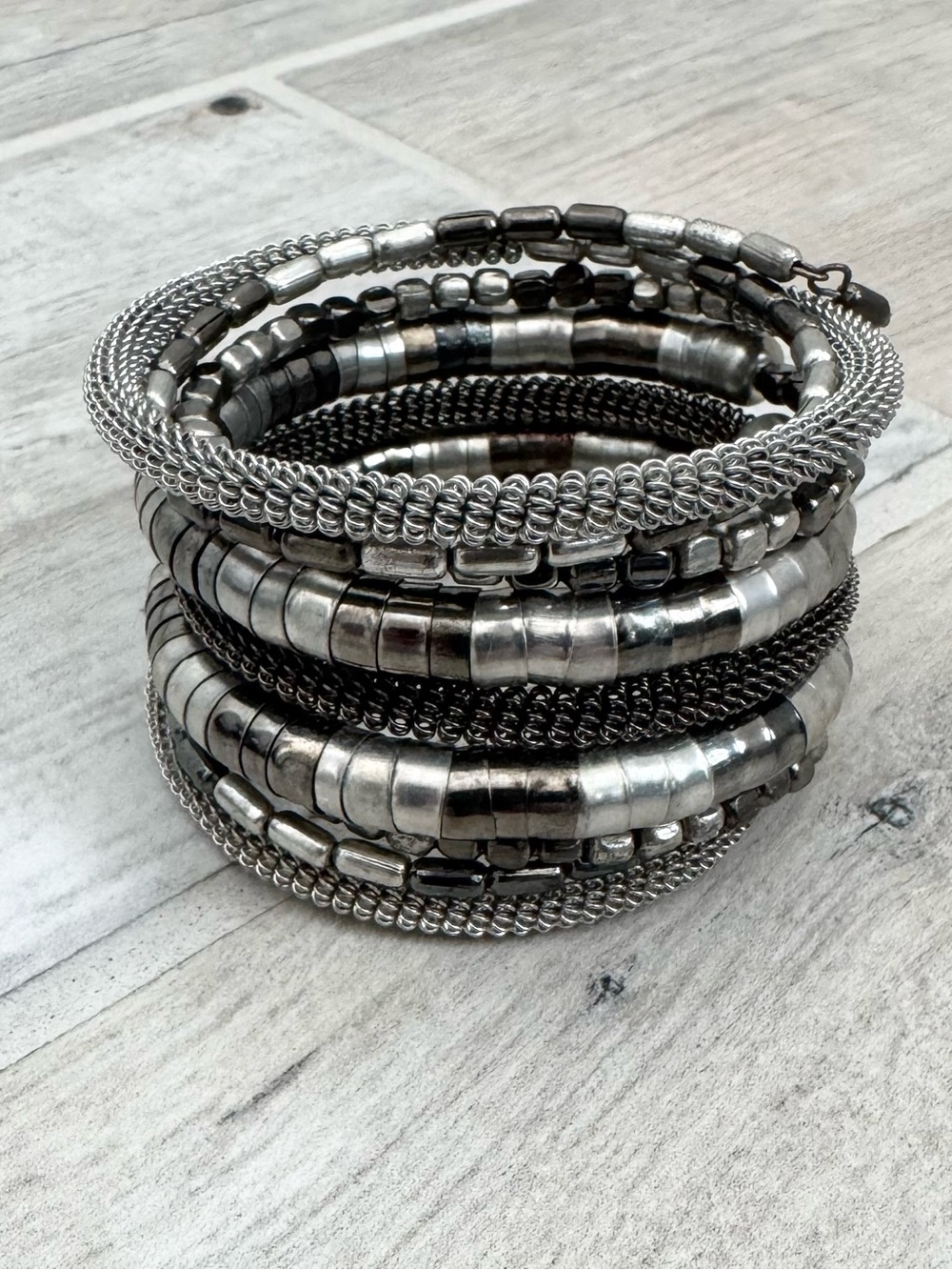 Mixed Silver Beaded Coil Bracelet